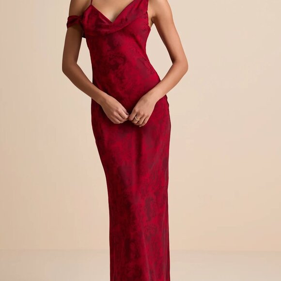 Lulus Minnie Red Satin Jacquard Asymmetrical Maxi Dress - Size S - Picture 2 of 3